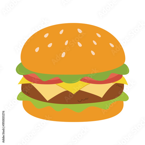 A classic hamburger with cheese, a meat patty, lettuce, and tomato. Flat color vector illustration isolated on a white background