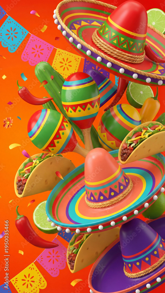 Naklejka premium Colorful sombreros, maracas, and tacos celebrating Cinco de Mayo