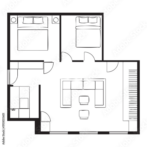 Black and white floor plan of a two-bedroom apartment with living room and balcony