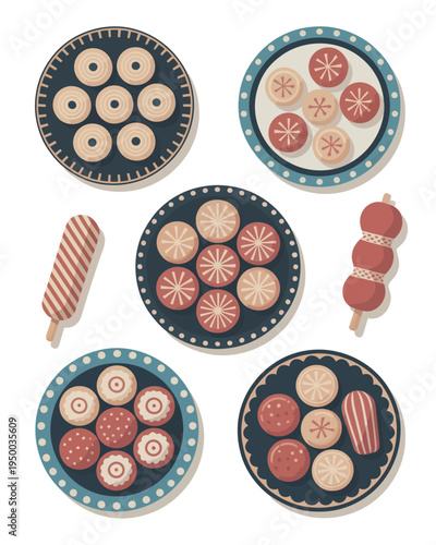 A collection of sweet treats on plates and sticks