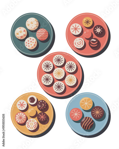 A colorful illustration of plates with different types of cookies on them