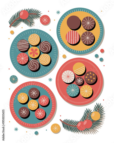 A colorful illustration of plates of cookies