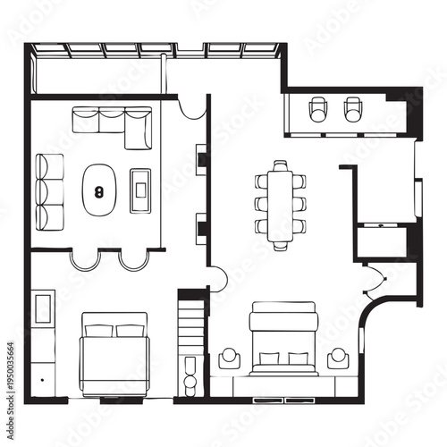 Black and white floor plan of a two-bedroom apartment with living room dining area and bathroom
