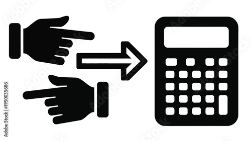 Hands, vector graphic pointing at a calculator, symbolizing math, accounting, finance, and calculation tasks, clean modern flat vector illustration