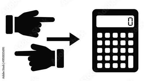 Hands, pointing towards a calculator icon, representing calculation, finance, accounting, and business concept, modern flat vector illustration for apps, websites, and digital design