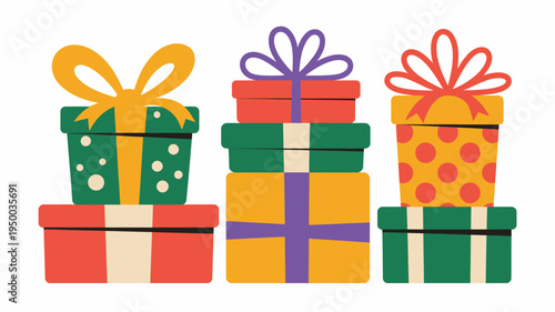 A stack of brightly colored presents with ribbons