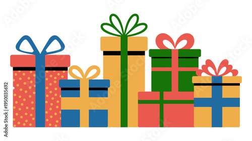 A group of colorful presents with ribbons