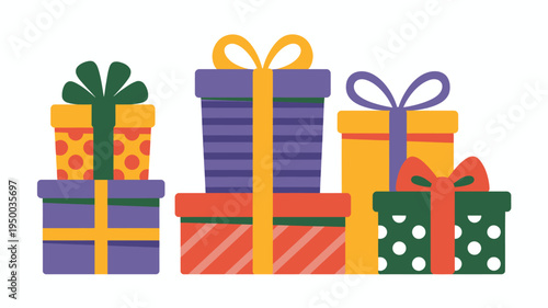 A group of brightly colored wrapped presents