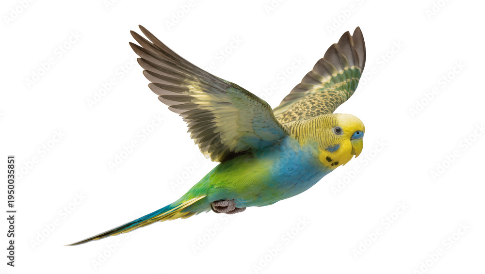 Fototapeta premium Isolated beautiful green and blue budgerigar in full flight, colorful domestic pet bird.