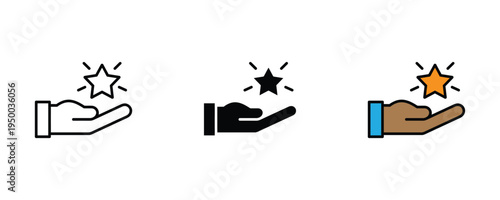 Shining star in hand icon set. Customer review rating, success achievement, and premium quality service symbols. Vector Illustration.