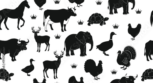 Farm and wildlife animal silhouettes collection, horse cow deer elephant turtle duck turkey icons, nature vector illustration set