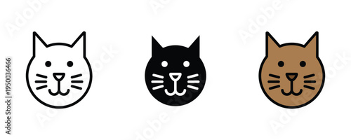 Cute cat face icon set. Domestic kitten head, feline pet mammal, and animal lover symbols. Vector Illustration.