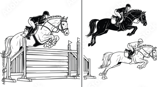 Equestrian show jumping illustration, horse rider jumping obstacle, professional horse riding sport, equine competition training vector set
