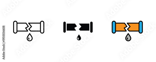 Broken pipe with water leak icon set. Burst pipeline, plumbing damage, and home repair service symbols. Vector Illustration.