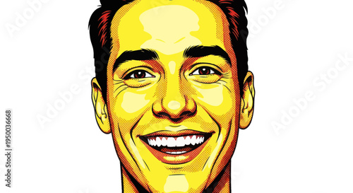 Smiling Man Portrait, Pop Art Style, Bright Yellow and Red Tones, Isolated on White