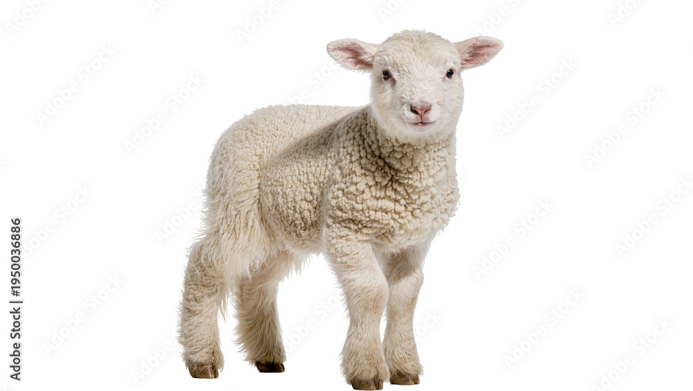 Fototapeta premium Isolated adorable young lamb standing and looking at camera on a clean background