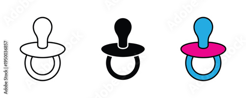 Baby pacifier soother icon set. Newborn infant nipple, dummy teat, and childcare product symbols. Vector Illustration.