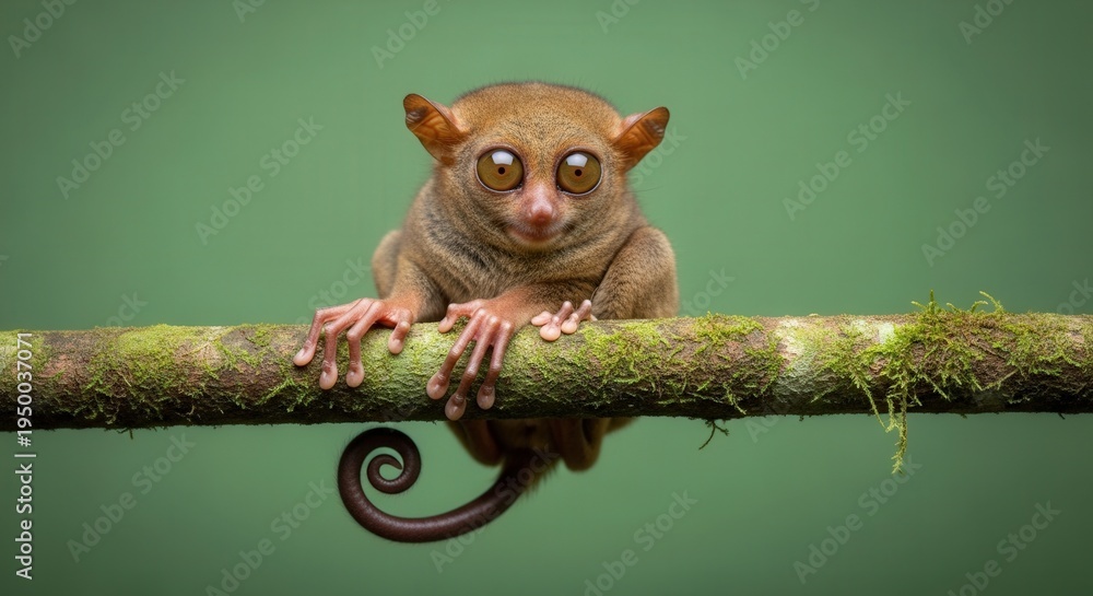 Fototapeta premium Close-up of a Small Lemur Clinging to a Tree Branch in a Lush Forest Scene