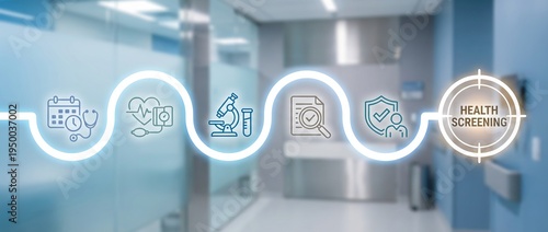 health screening, medical checkup, preventive care, healthcare technology, diagnostic process, wellness exam, clinical workflow illustration in a blurred hospital hallway.