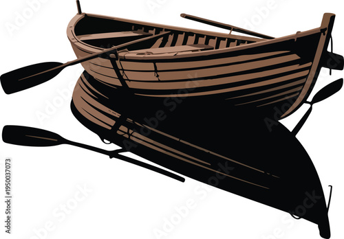 Brown Boat with Oars on White Background