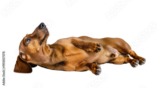 Fotografie Isolated dachshund dog puppy lying on its back looking up with a playful express