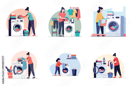 Simple flat vector scene of someone doing laundry with a washing machine, daily home activity, muted colors, minimal shapes, outline-free design, white background
