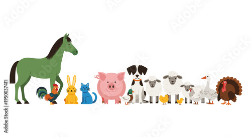 Farm Animals Collection Illustration: Domesticated Livestock in a Row, Cartoon Style Animals Assemble, Horse, Pig, Sheep, Dog, Poultry and Small Pets, Promoting Agriculture, Pet Care, Veterinary Servi