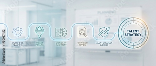 talent strategy, workforce planning, human resources, business recruitment, talent pipeline, capability alignment, strategic review process infographic for corporate business growth.