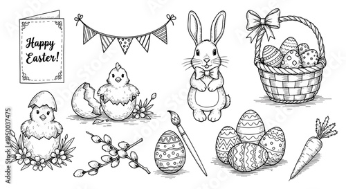 Engraved Easter Illustrations: Joyful Celebration of Spring, Hatching Chicks, Elegant Bunny with Bowtie, Basket Overflowing with Decorated Eggs and Blossoming Willow, Vintage Holiday Card, Banner, Fes