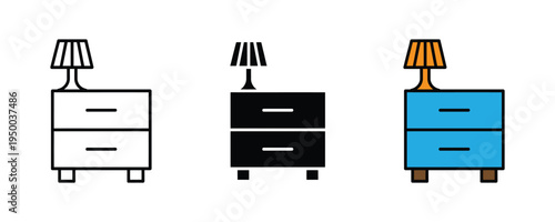 Modern nightstand with bedside lamp icon set. Bedroom furniture, interior home decor, and night light symbols. Vector Illustration.