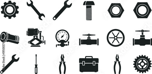 Collection of Mechanical and Industrial Tool Icons in Black Silhouette on White Background Keywords: tools, mechanical, industrial, engineering