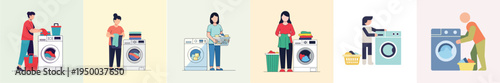 Clean minimalist vector artwork showing a person operating a washing machine, routine household task, pastel tones, simplified forms