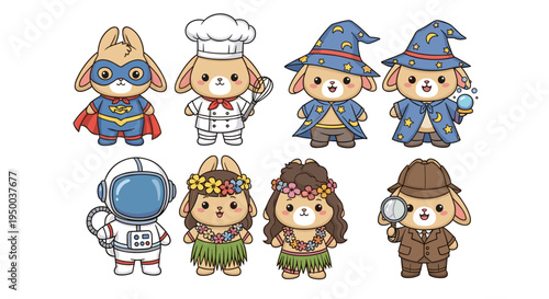 Cute Cartoon Animals in Costumes: Superhero Bunny Saving, Chef Baking, Wizard Casting Spells, Astronaut Exploring, Hula Dancing, Detective Investigating - Whimsical Fantasy Characters for Children's B