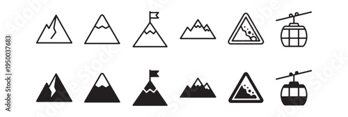 Mountain and Ski Resort Icons Set - Mountain Peak, Flag Summit, Snow Mountain, Avalanche Warning, Cable Car, Outline and Glyph Style