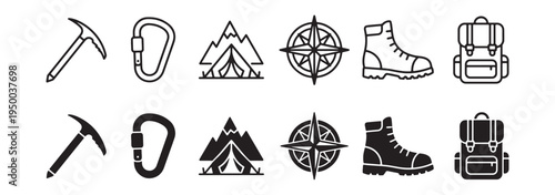Camping and Mountaineering Icons Set - Ice Axe, Carabiner, Tent, Compass Rose, Hiking Boot, Backpack, Outline and Glyph Style