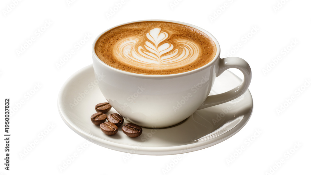 Fototapeta premium Isolated steaming latte coffee in white cup with elegant art and roasted beans on saucer