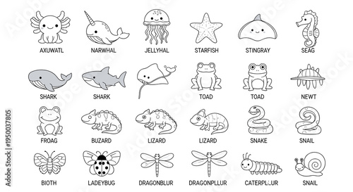 Whimsical Animal Illustrations Collection: Playful Aquatic and Terrestrial Creatures in Outline Style for Educational Resources,  Kid's Activities, Digital Stickers, Coloring Books, Science Learning,
