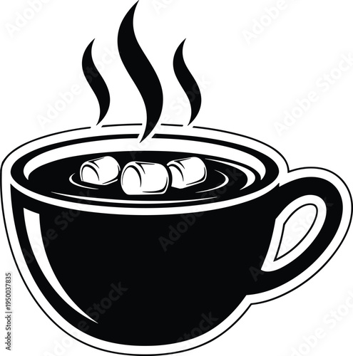 Hot chocolate cup with marshmallows icon, steaming cocoa drink illustration, winter beverage concept, coffee mug vector design