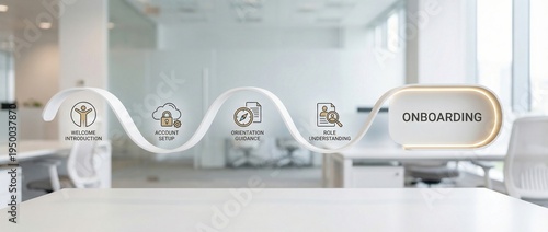 onboarding, hiring, recruitment, business process, employee training, orientation, corporate infographic showing the step-by-step journey for new staff integration at work.