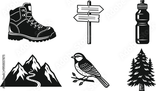 Hiking adventure icons set, mountain trail boot signpost water bottle bird and pine tree outdoor travel vector illustration