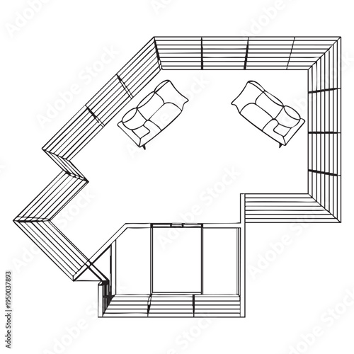 Black and white line of an l-shaped sectional sofa with two armchairs in a living room