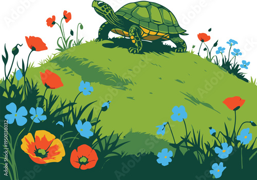 Bold line art illustration of a turtle slowly climbing a small hill with flowers, colorful minimal nature scene, thick vector strokes, white background