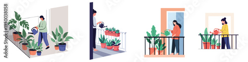 Minimal vector scene of balcony gardening, person watering houseplants, calm lifestyle activity at home, pastel colors, clean shapes, no outlines, white background.