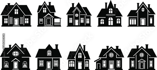 House silhouette collection, residential home icons set, suburban cottage buildings, real estate property symbols, architecture vector illustration pack