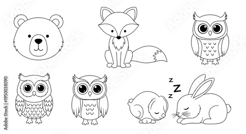 Cute Woodland Animals Sleeping Peacefully in Natural Habitat, Colouring Page Style Illustration, Children's Book Design, Cartoon Creatures, Line Art, Kids Activity, Wild Mammals, Forest Wildlife, Art