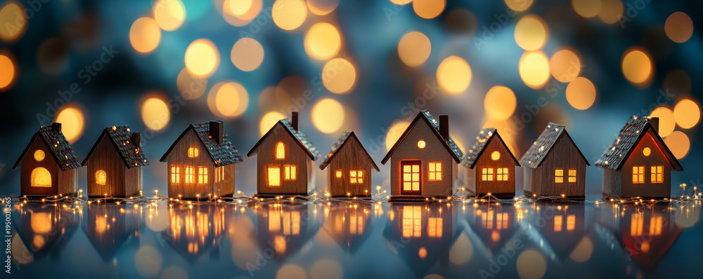 Naklejka premium Cozy Miniature Village with Warm Lights and Bokeh Background