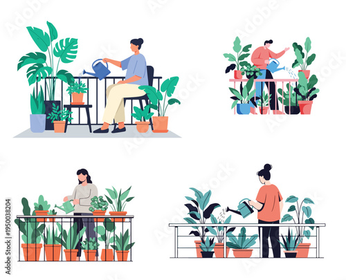 Minimalist flat vector set illustration of a person watering plants on a balcony, relaxing home lifestyle activity, soft colors, no outline, white background