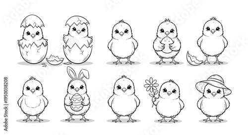 Cute Easter Chick Outlines, Drawing of Newly Hatched Chicks with Eggshells and Bunny Ears for Baby Shower Invitations, Spring Coloring Pages, Children’s Book Illustrations, Nursery Decor Prints (Hand-
