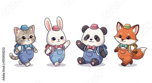 Adorable Animal Friends Heading to School: A Charming Cartoon Illustration of a Kitten, Bunny, Panda, and Fox Wearing Overalls, Bow Ties and Backpacks, Showing Back-to-School, Education, Childhood Inn