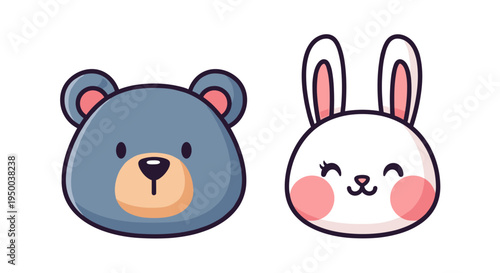 Cute Bear and Bunny Duo Illustration, Cartoon Animal Friends Representing Friendship and Togetherness, Isolated Mascot Characters for Children's Designs, Happy Smiling Faces, Pastel Colored Kawaii Sty